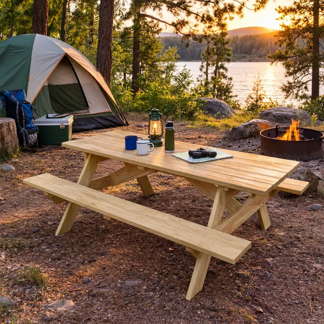 Traditional wooden picnic table beside a camping tent and fire pit at a wooded lakeside campground during sunset.